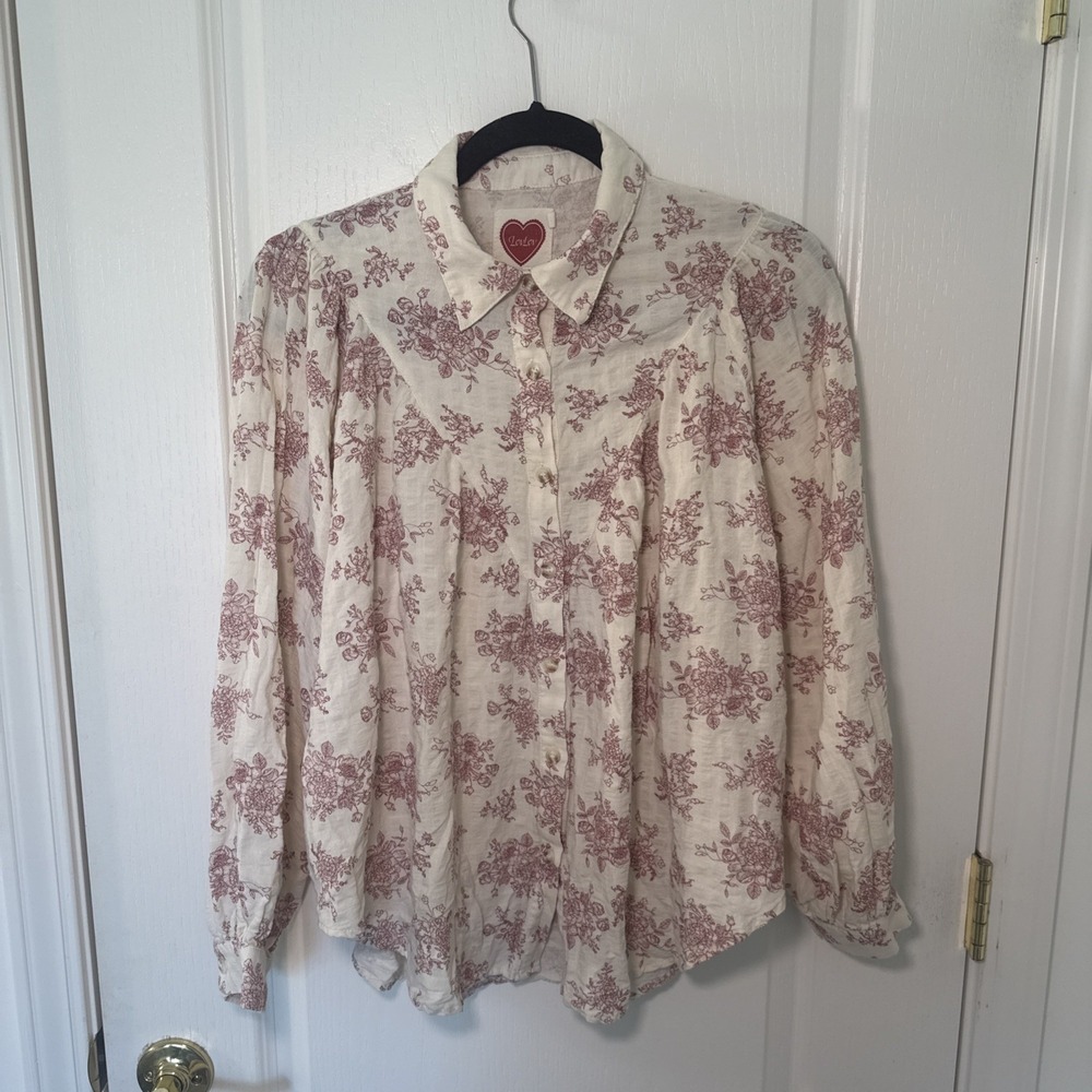 Cottagecore Floral Toile Button Up Shirt S Cream Burgundy Coquette Prairie Boho